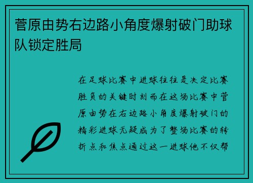 菅原由势右边路小角度爆射破门助球队锁定胜局